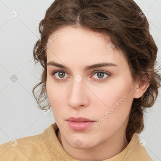 Neutral white young-adult female with medium  brown hair and brown eyes