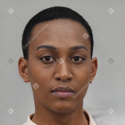 Neutral black young-adult female with short  brown hair and brown eyes