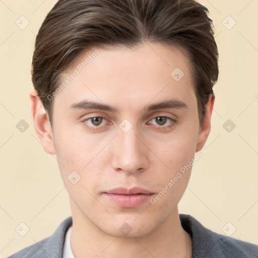 Neutral white young-adult male with short  brown hair and brown eyes