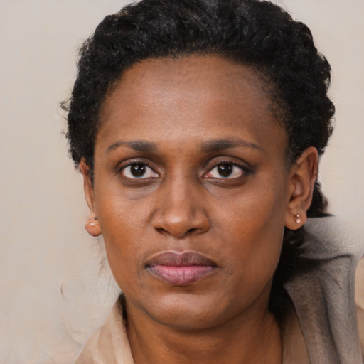 Neutral black adult female with short  black hair and brown eyes