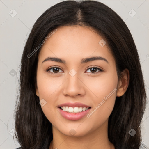 Joyful white young-adult female with long  brown hair and brown eyes