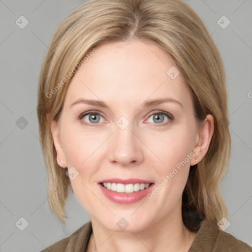 Joyful white young-adult female with medium  brown hair and blue eyes