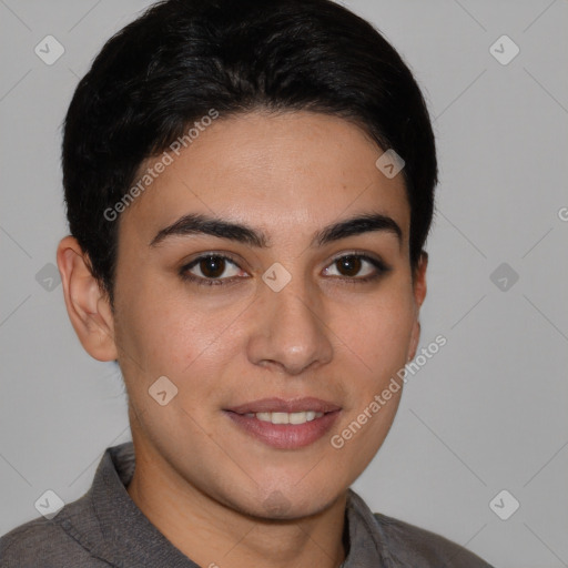 Joyful white young-adult female with short  brown hair and brown eyes