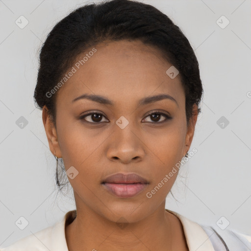 Neutral black young-adult female with short  black hair and brown eyes