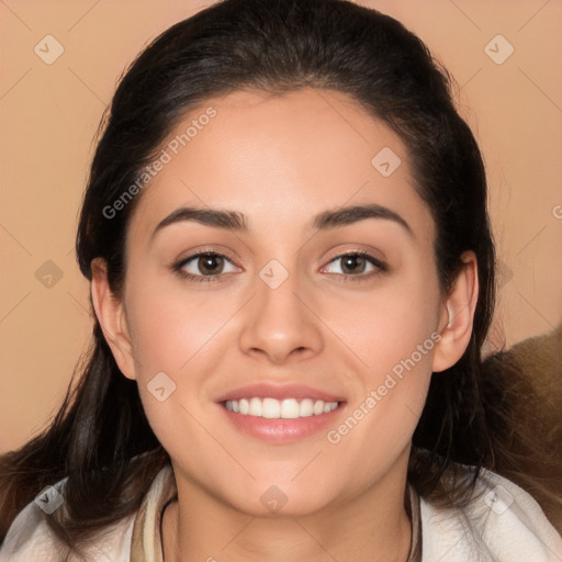 Joyful white young-adult female with medium  brown hair and brown eyes