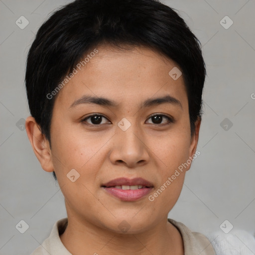 Joyful asian young-adult female with short  brown hair and brown eyes