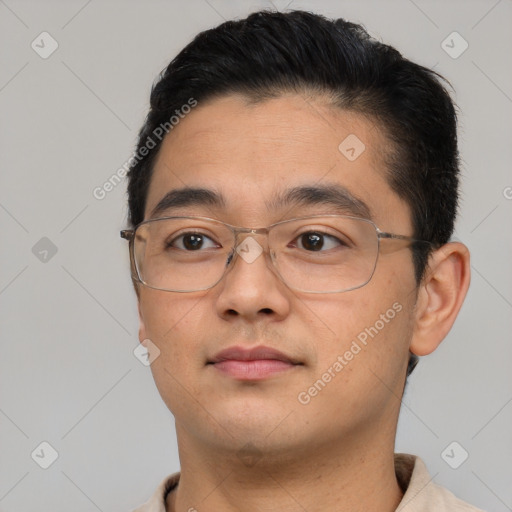 Neutral asian young-adult male with short  brown hair and brown eyes