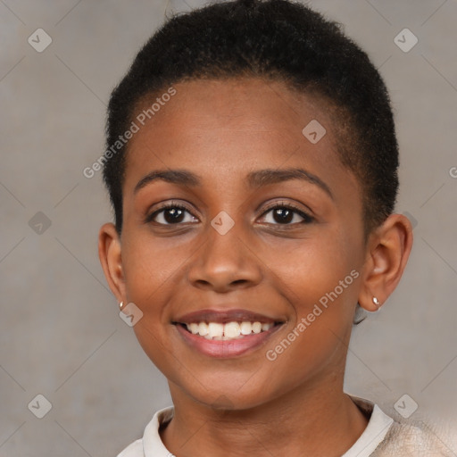 Joyful black young-adult female with short  brown hair and brown eyes