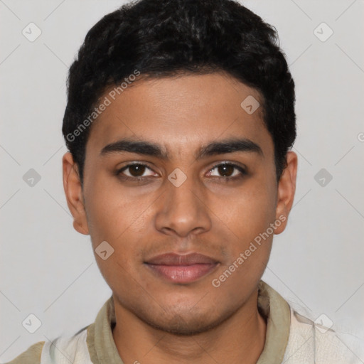 Joyful latino young-adult male with short  black hair and brown eyes