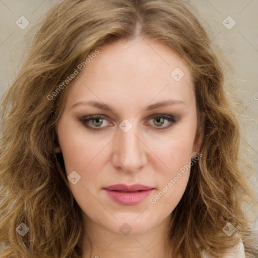 Joyful white young-adult female with long  brown hair and green eyes