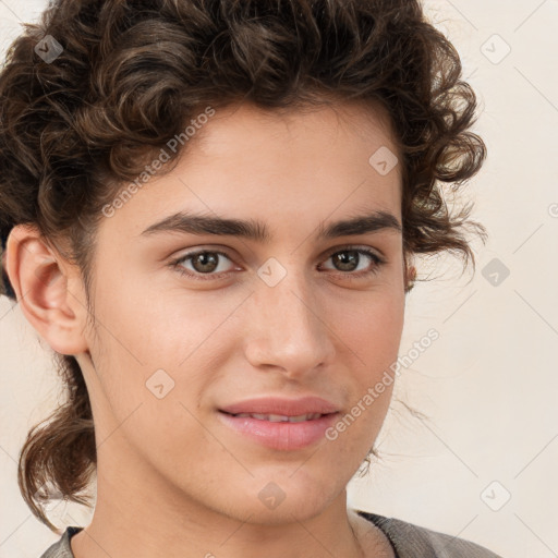 Joyful white young-adult male with medium  brown hair and brown eyes