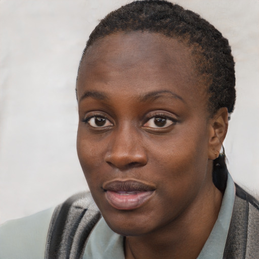 Neutral black young-adult female with short  black hair and brown eyes