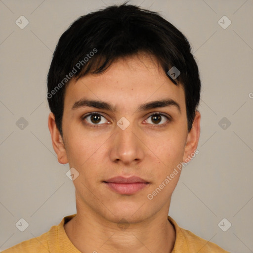 Neutral white young-adult male with short  brown hair and brown eyes