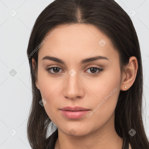 Neutral white young-adult female with long  brown hair and brown eyes