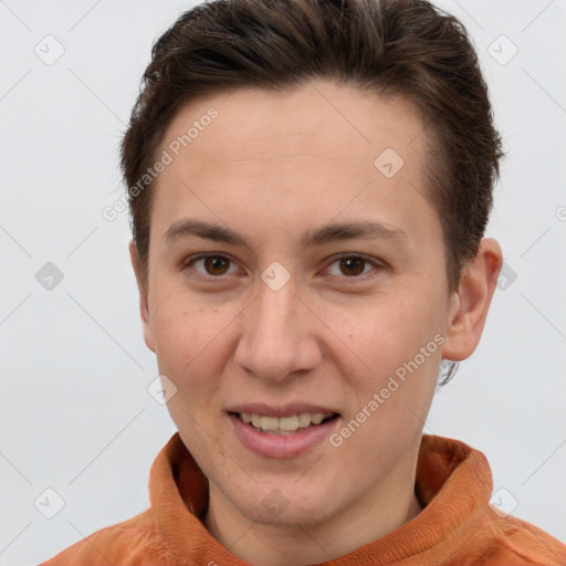 Joyful white young-adult female with short  brown hair and brown eyes