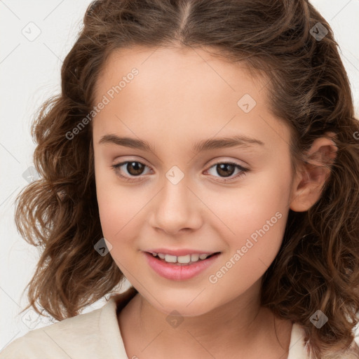 Joyful white child female with medium  brown hair and brown eyes