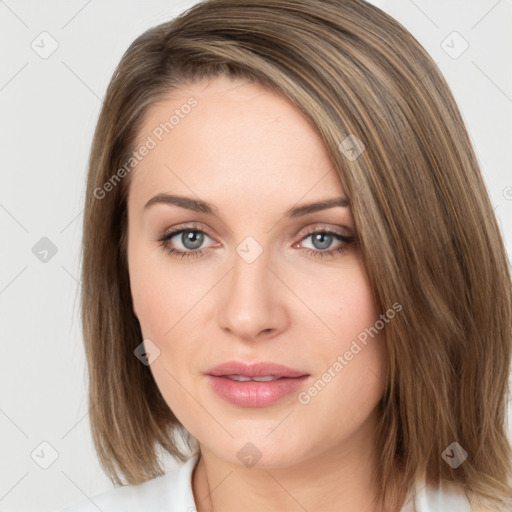 Joyful white young-adult female with medium  brown hair and green eyes