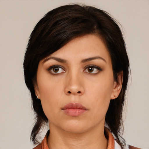 Neutral asian young-adult female with medium  black hair and brown eyes