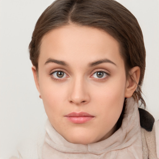 Neutral white young-adult female with medium  brown hair and brown eyes