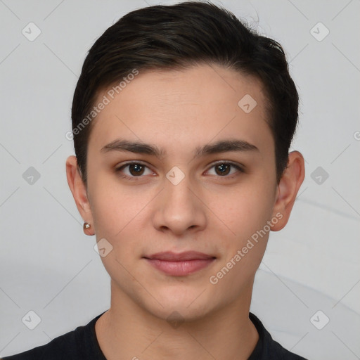 Joyful white young-adult male with short  brown hair and brown eyes