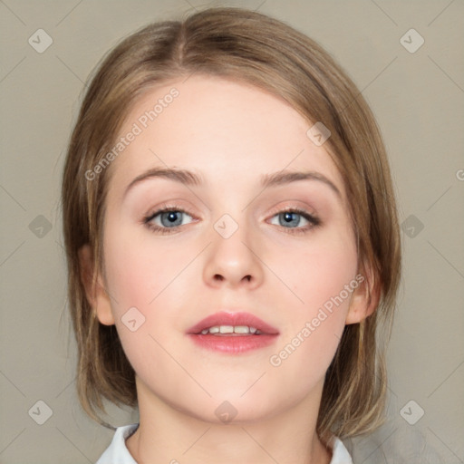 Neutral white young-adult female with medium  brown hair and blue eyes