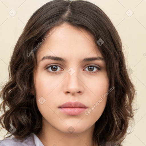 Neutral white young-adult female with medium  brown hair and brown eyes