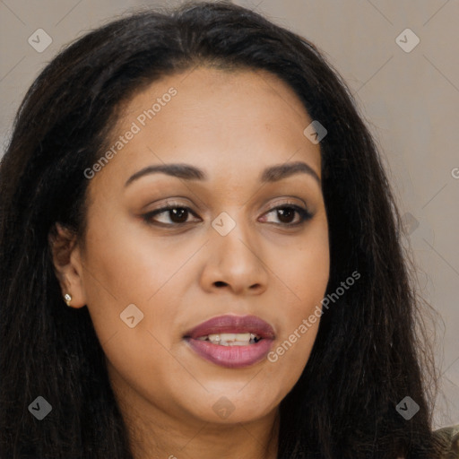 Joyful latino young-adult female with long  brown hair and brown eyes