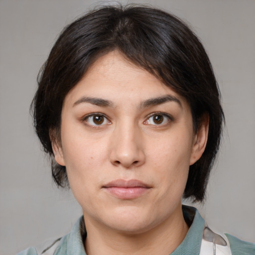 Neutral white young-adult female with medium  brown hair and brown eyes