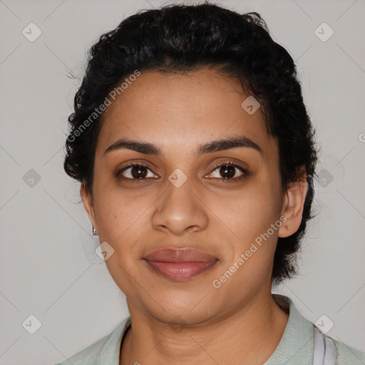 Joyful latino young-adult female with short  black hair and brown eyes