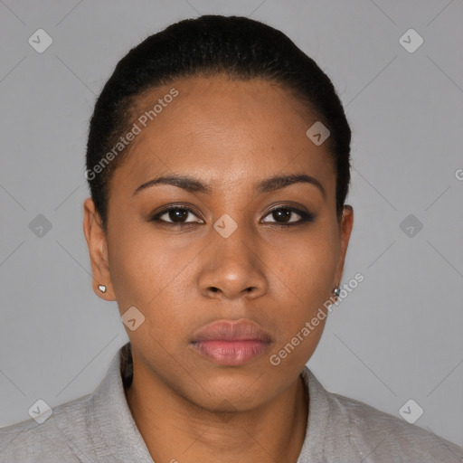 Neutral black young-adult female with short  black hair and brown eyes