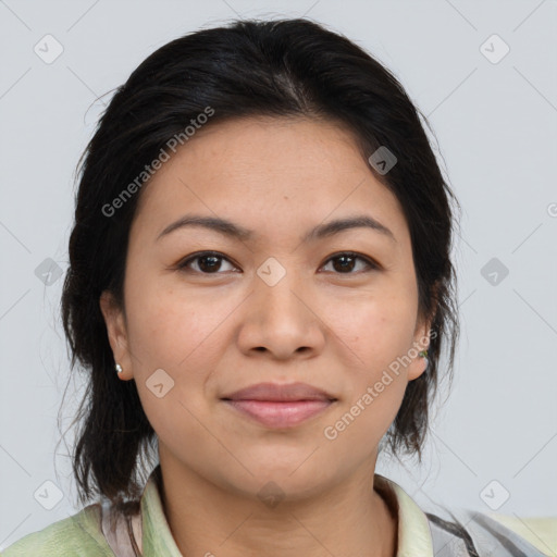 Joyful asian young-adult female with medium  brown hair and brown eyes