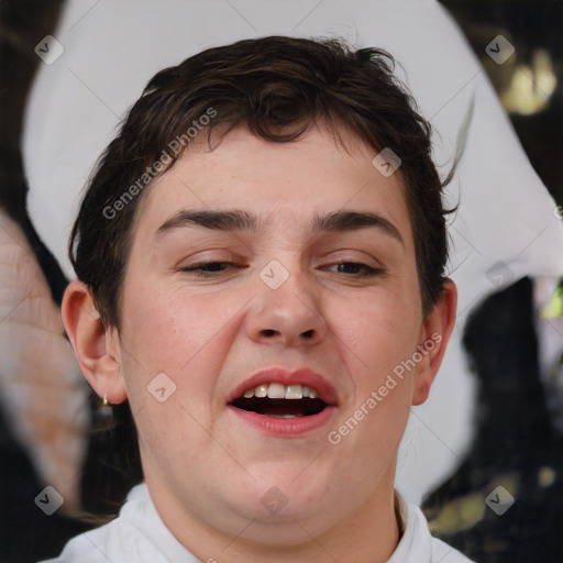 Joyful white young-adult male with medium  brown hair and brown eyes