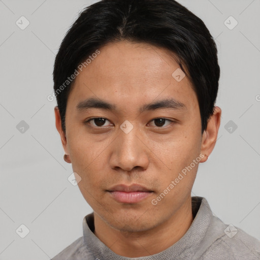 Neutral asian young-adult male with short  black hair and brown eyes