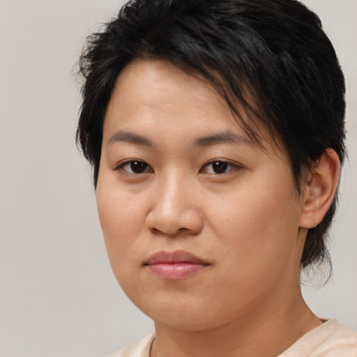 Neutral asian young-adult female with medium  brown hair and brown eyes