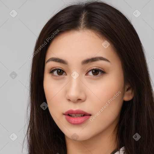 Neutral white young-adult female with long  brown hair and brown eyes