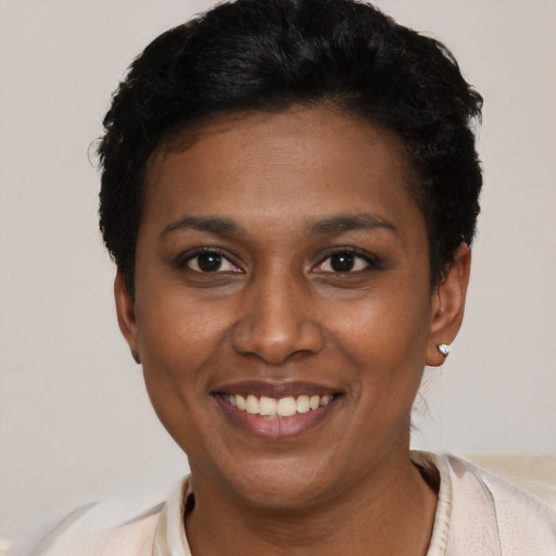 Joyful latino young-adult female with short  black hair and brown eyes