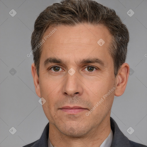 Neutral white adult male with short  brown hair and brown eyes