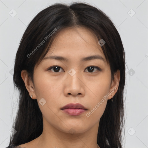 Neutral asian young-adult female with medium  brown hair and brown eyes