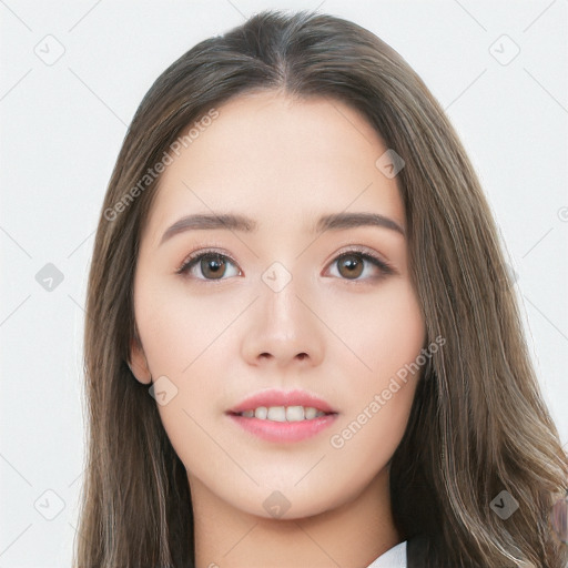 Neutral white young-adult female with long  brown hair and brown eyes