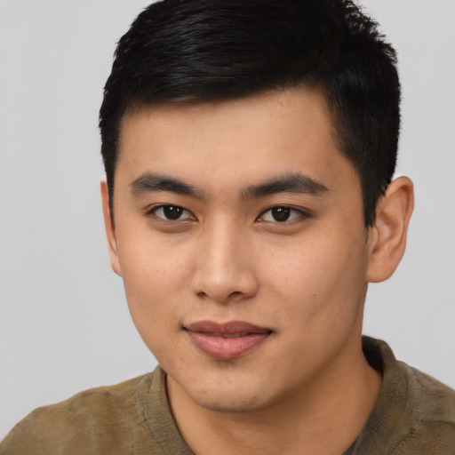 Neutral asian young-adult male with short  brown hair and brown eyes