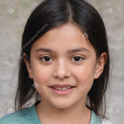 Joyful white child female with medium  brown hair and brown eyes