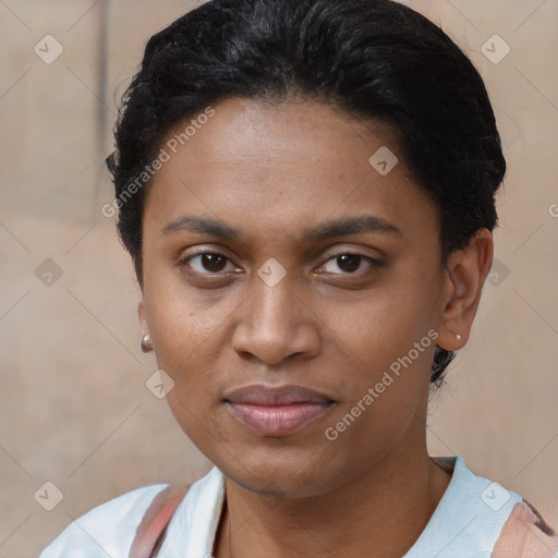 Joyful latino young-adult female with short  black hair and brown eyes