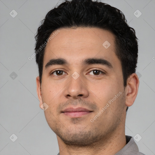Neutral white young-adult male with short  black hair and brown eyes