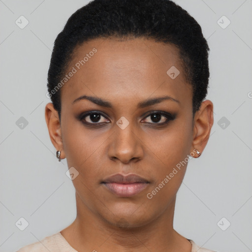 Neutral black young-adult female with short  black hair and brown eyes