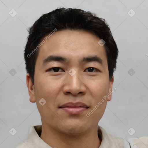 Neutral asian young-adult male with short  black hair and brown eyes