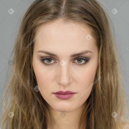 Neutral white young-adult female with long  brown hair and brown eyes