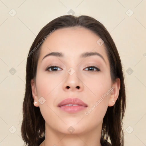 Neutral white young-adult female with medium  brown hair and brown eyes