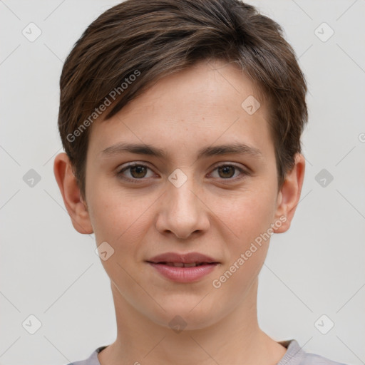 Joyful white young-adult female with short  brown hair and grey eyes