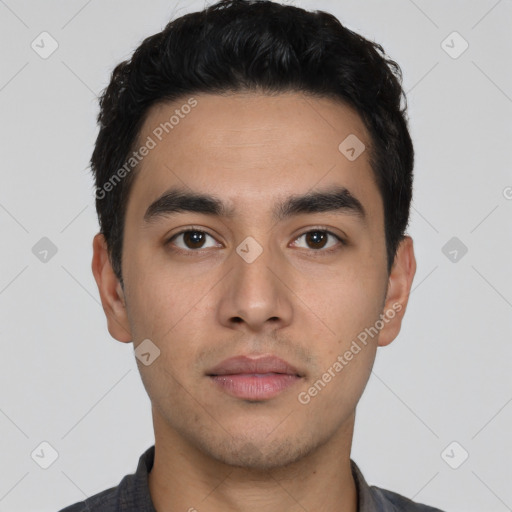 Neutral latino young-adult male with short  black hair and brown eyes