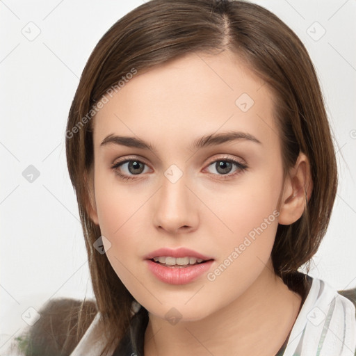 Neutral white young-adult female with medium  brown hair and brown eyes